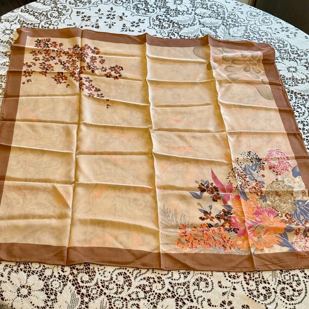 Jacqmar of London Silk‎ Scarf Hand-rolled Floral Brown Pink Blue 30"Square